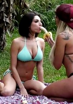 Busty Lesbian Pornstars Playing With Bananas